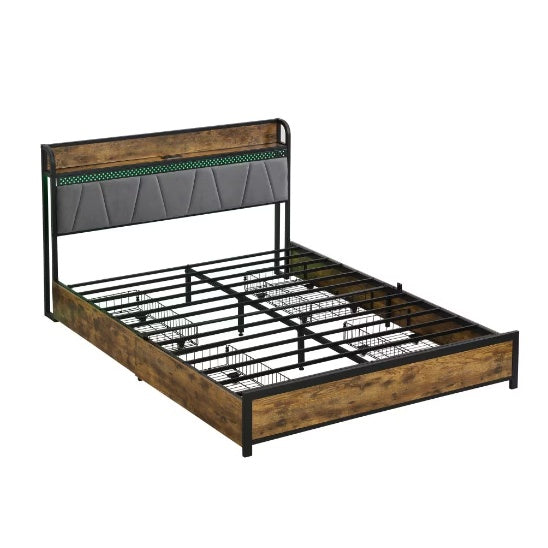 Full Size Bed Frame, Storage Headboard With Charging Station And 4 Storage Drawers,LED Lights