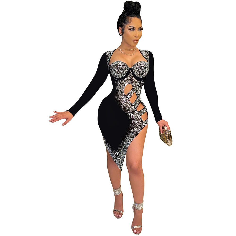 Diamond Inlaid Long Sleeve Nightclub Dress