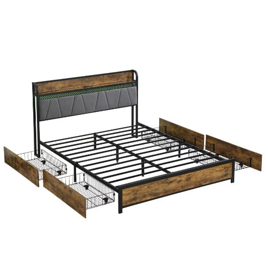 Full Size Bed Frame, Storage Headboard With Charging Station And 4 Storage Drawers,LED Lights