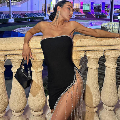 Wrapped Panel Tassel Slit Party Dress