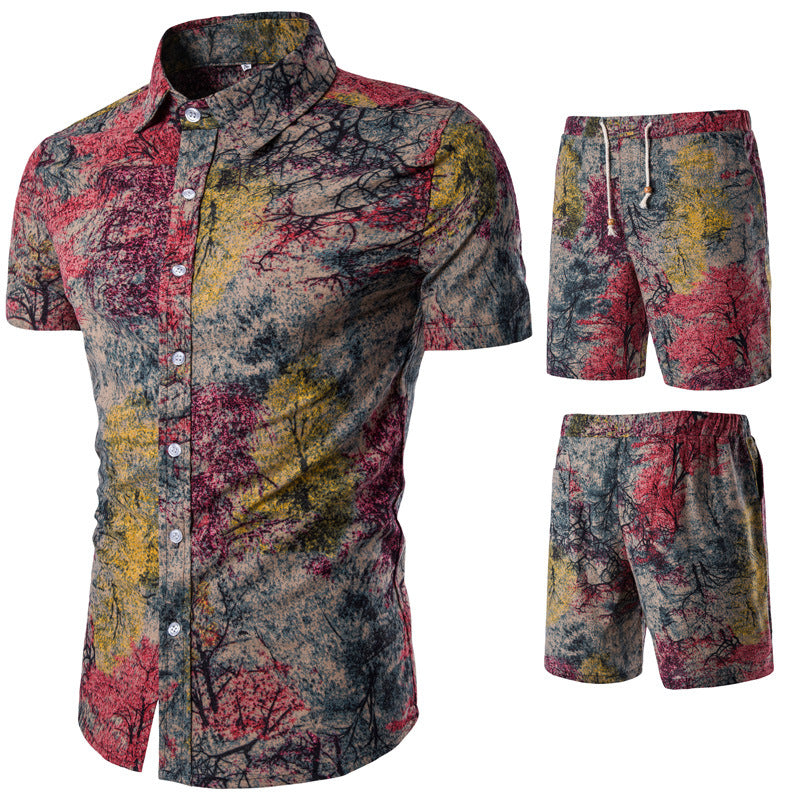 Fashion Men's Printed Short-Sleeved Shirt Suit