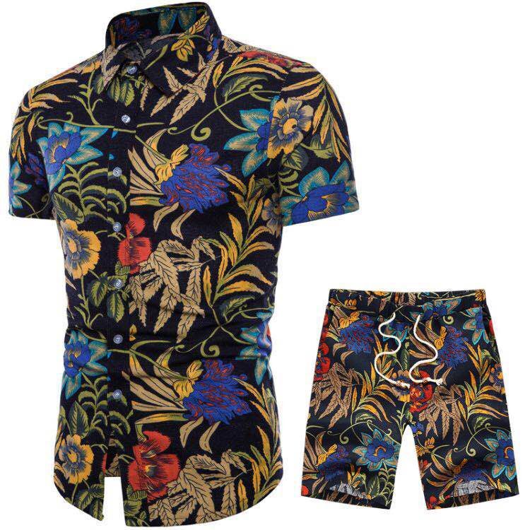 Fashion Men's Printed Short-Sleeved Shirt Suit