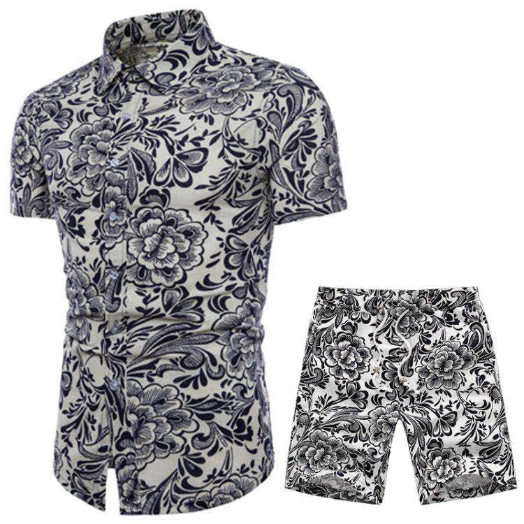 Fashion Men's Printed Short-Sleeved Shirt Suit