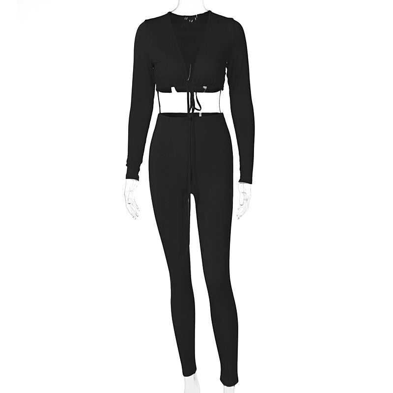 Fashion Lace-up Long-sleeved Shirt Slim Fit Slimming Skinny Pants Suit