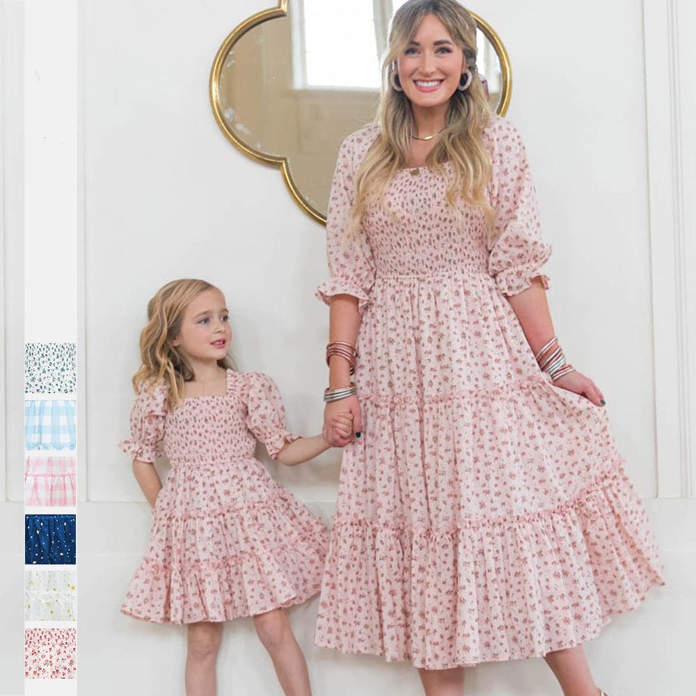 Fashion Floral Square Collar Lantern Sleeve Mother And Daughter Parent Child Dress Shoppingevestore.com