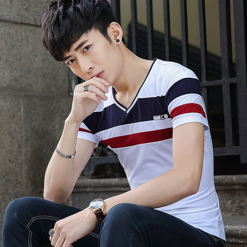 Fashionable And Simple Men's V-neck Slim Short Sleeves