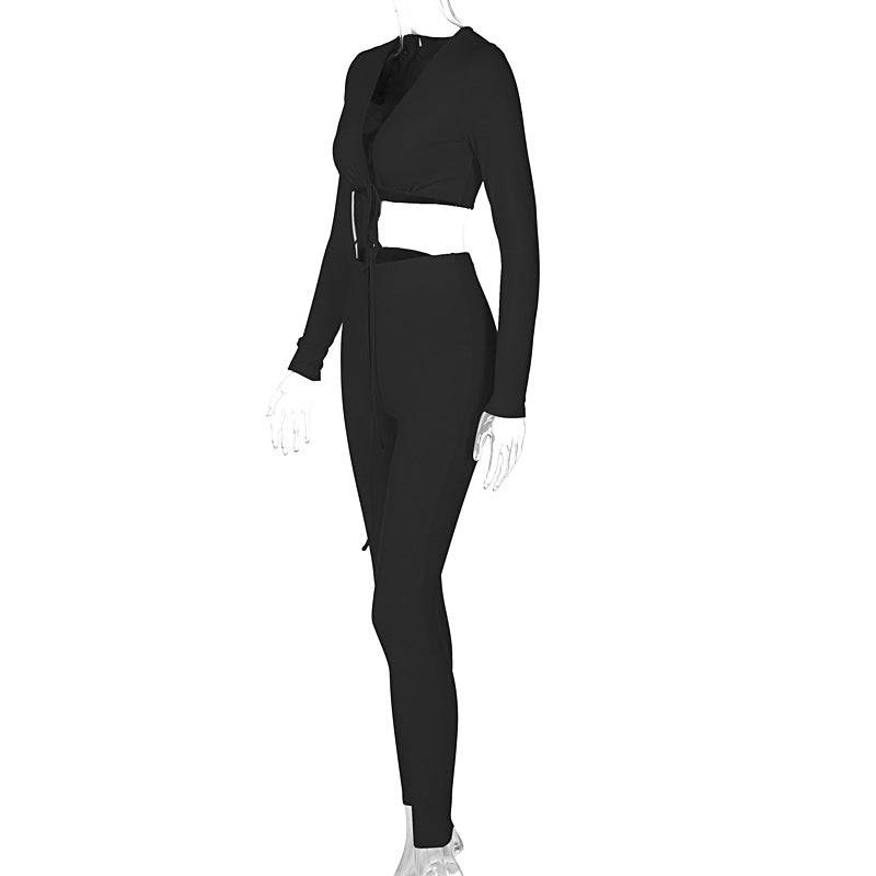 Fashion Lace-up Long-sleeved Shirt Slim Fit Slimming Skinny Pants Suit