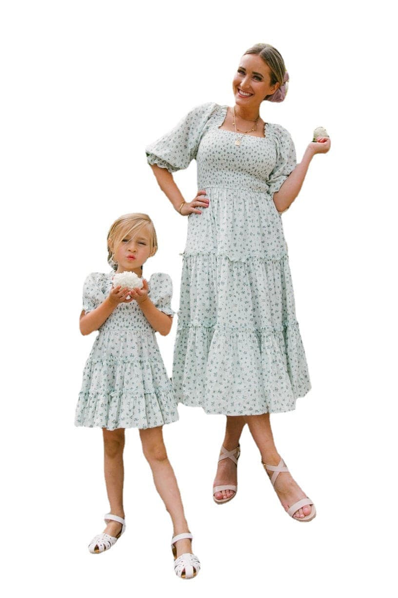 Fashion Floral Square Collar Lantern Sleeve Mother And Daughter Parent Child Dress Shoppingevestore.com