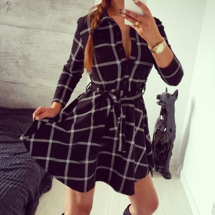 Black And White Plaid Cropped Sleeves Bandage Shirt Dress Shoppingevestore.com