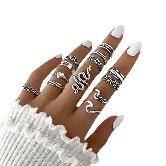 Flower Love Geometric Ring Joint Ring Thirteen Piece Set Shoppingevestore.com