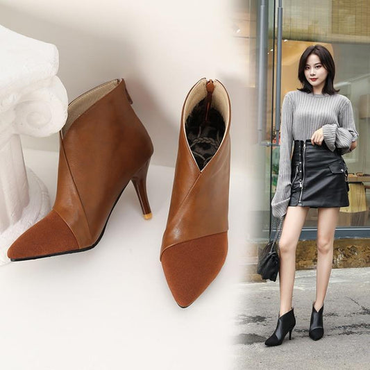 Fashion Simple And Versatile Pointed Toe Stitching Ankle Boots